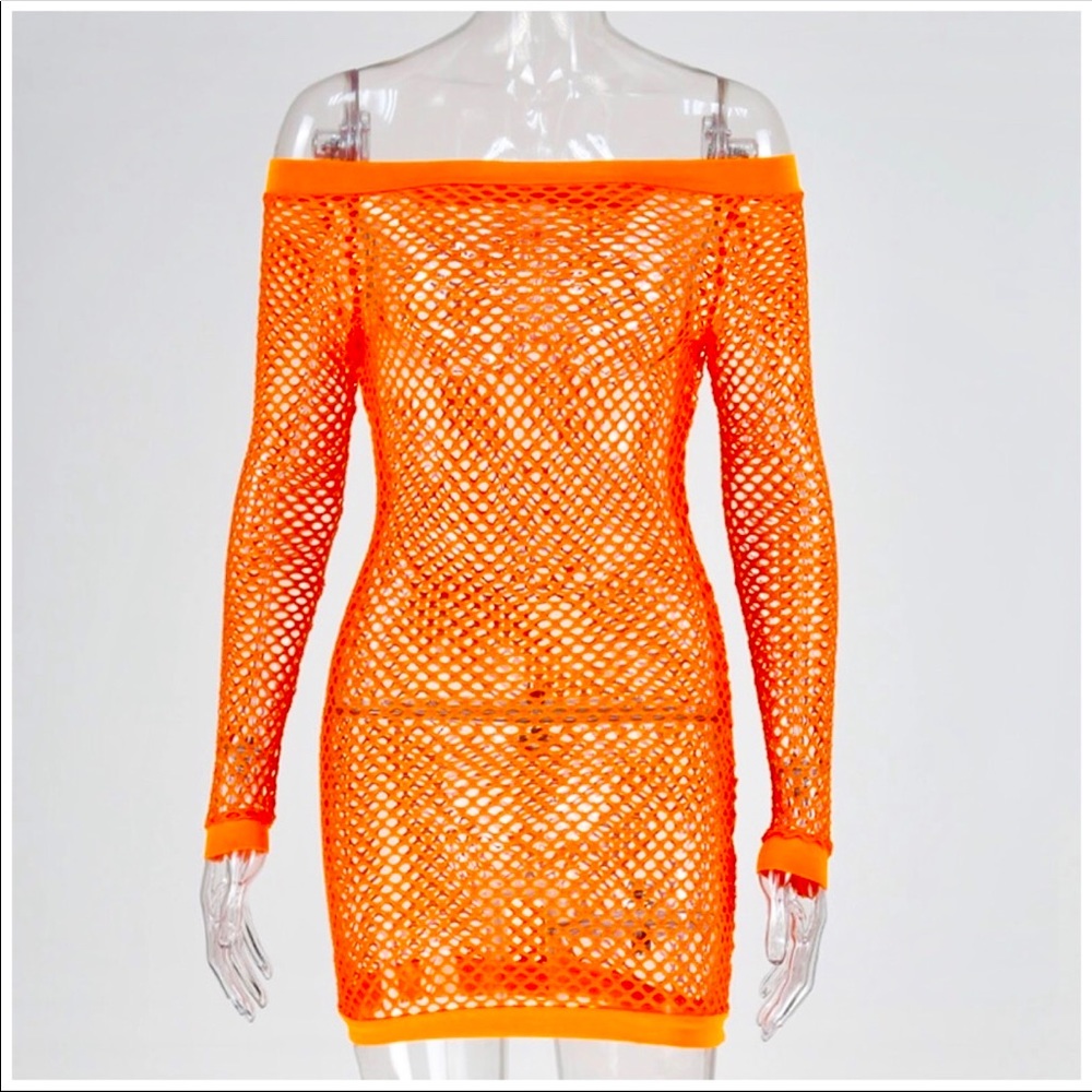 Neon Orange net coverup dress super stretchy top